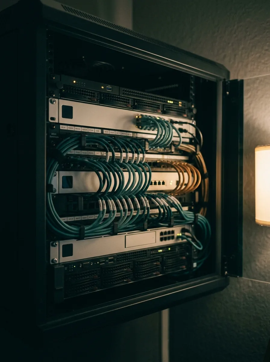 Gabinete de servidores abierto de noche, con los cables peinados y etiquetados