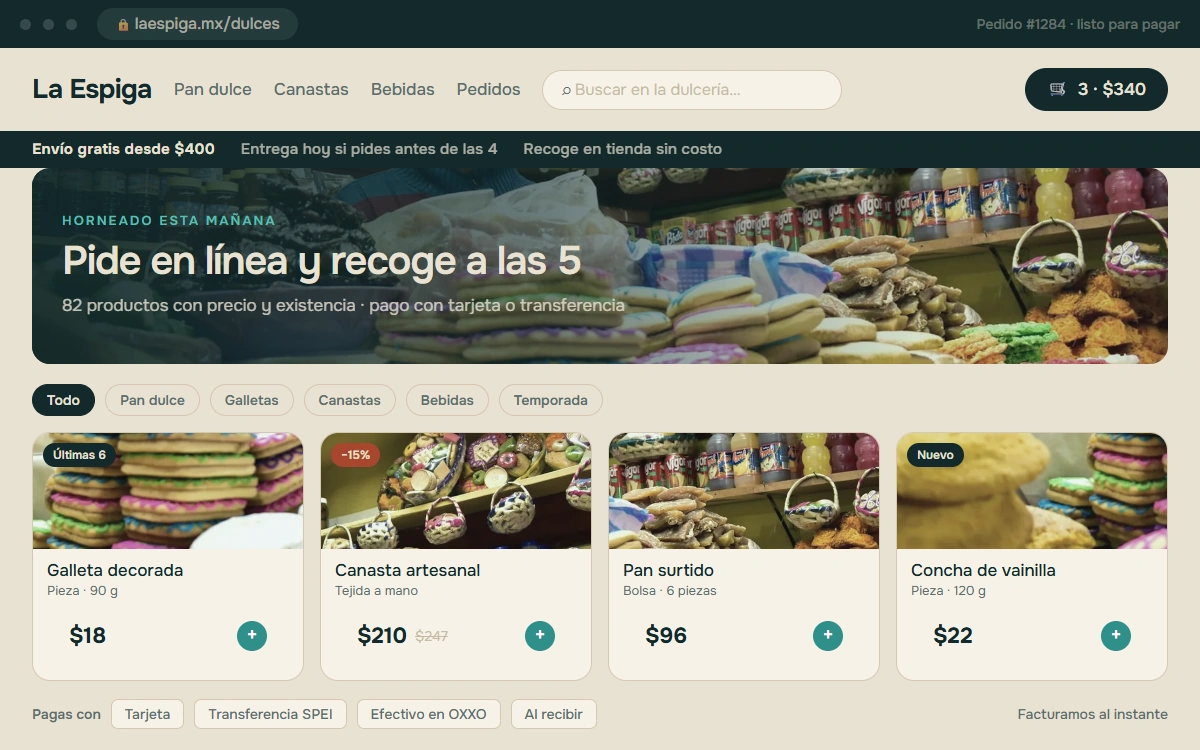 Tienda en línea de una panadería: seis productos con precio y un carrito con total